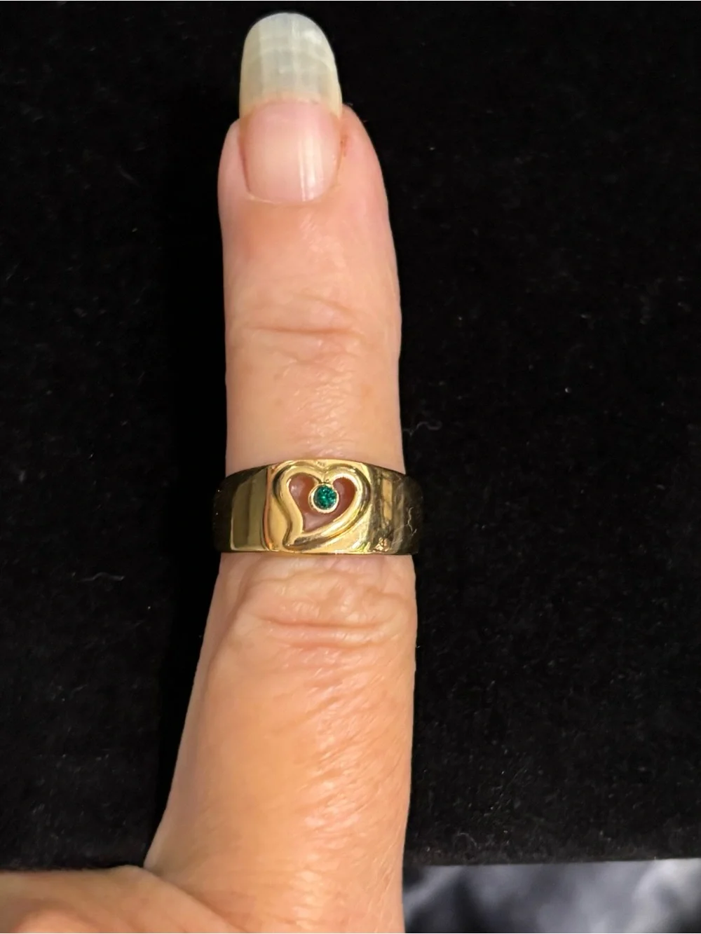 Vintage Avon Gold-Tone Heart Ring with Green Birthstone